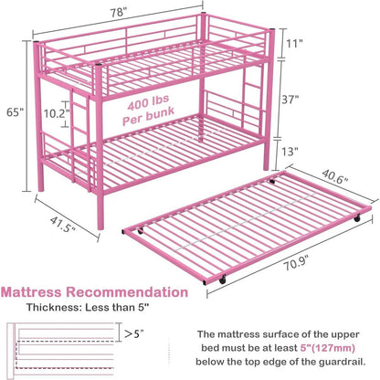 Pink Metal Twin over Twin Bunk Bed with Twin size Roll-Out Trundle Bed Frame
