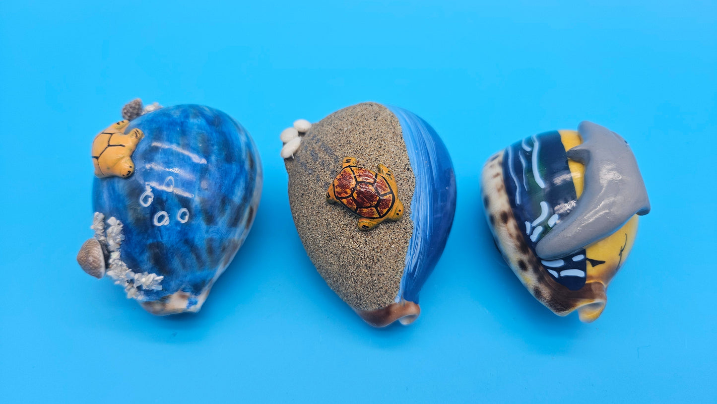 Painted Cowrie Shell Magnets – Coastal Decor Sea Turtle, Dolphin, or Sand Scene 2.5–3"