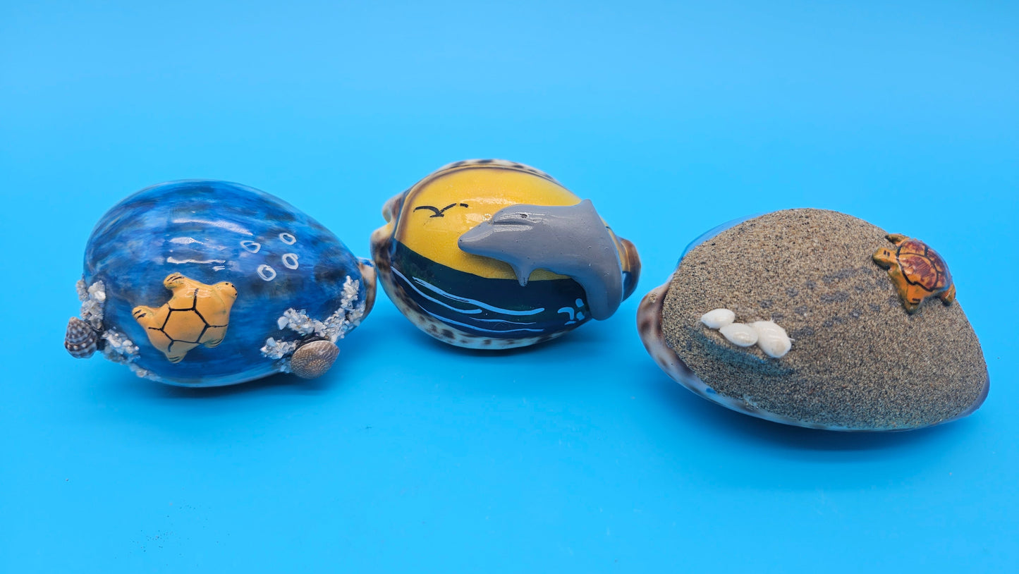 Painted Cowrie Shell Magnets – Coastal Decor Sea Turtle, Dolphin, or Sand Scene 2.5–3"
