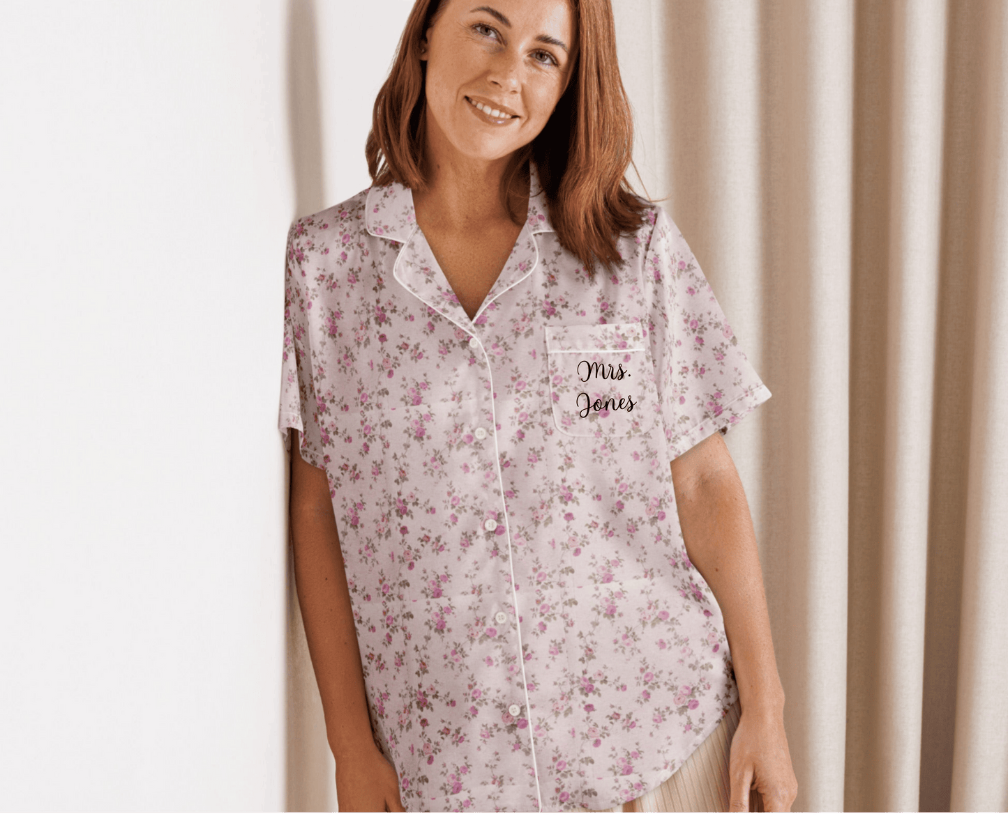 Customizable: Pink Floral Women’s Short Sleeve Pajama Top