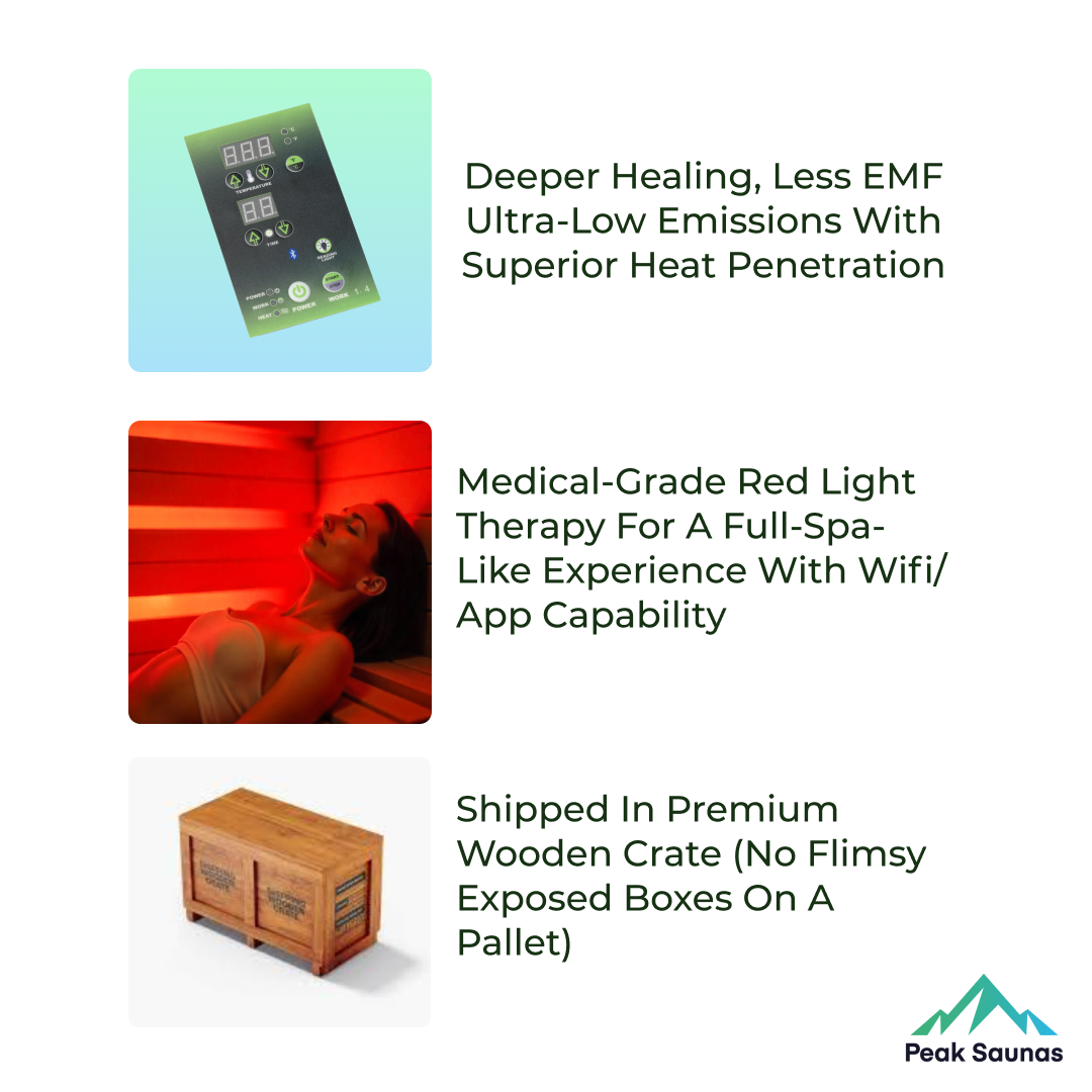 Peak Saunas Rainier 1-Person Full Spectrum Infrared Sauna with XL Medical-Grade Red Light Therapy & Smart WiFi App Control