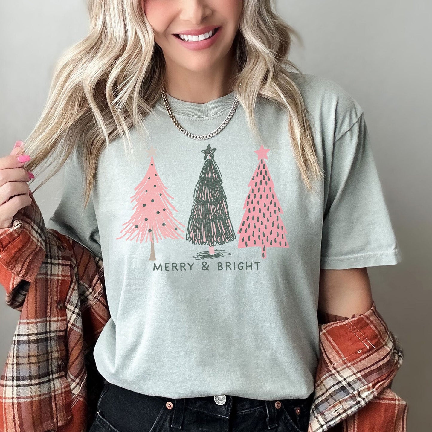 Pastel Christmas Trees, Merry and Bright, Pink and Green, Comfort Colors Tshirt