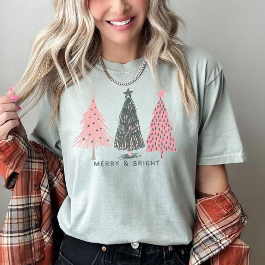 Pastel Christmas Trees, Merry and Bright, Pink and Green, Comfort Colors Tshirt