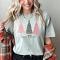 Pastel Christmas Trees, Merry and Bright, Pink and Green, Comfort Colors Tshirt