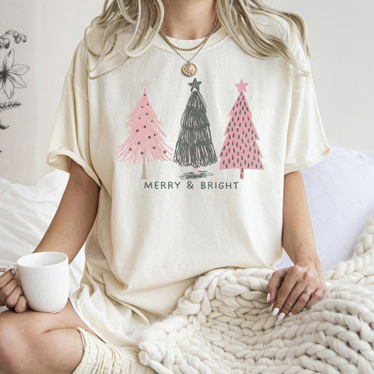 Pastel Christmas Trees, Merry and Bright, Pink and Green, Comfort Colors Tshirt