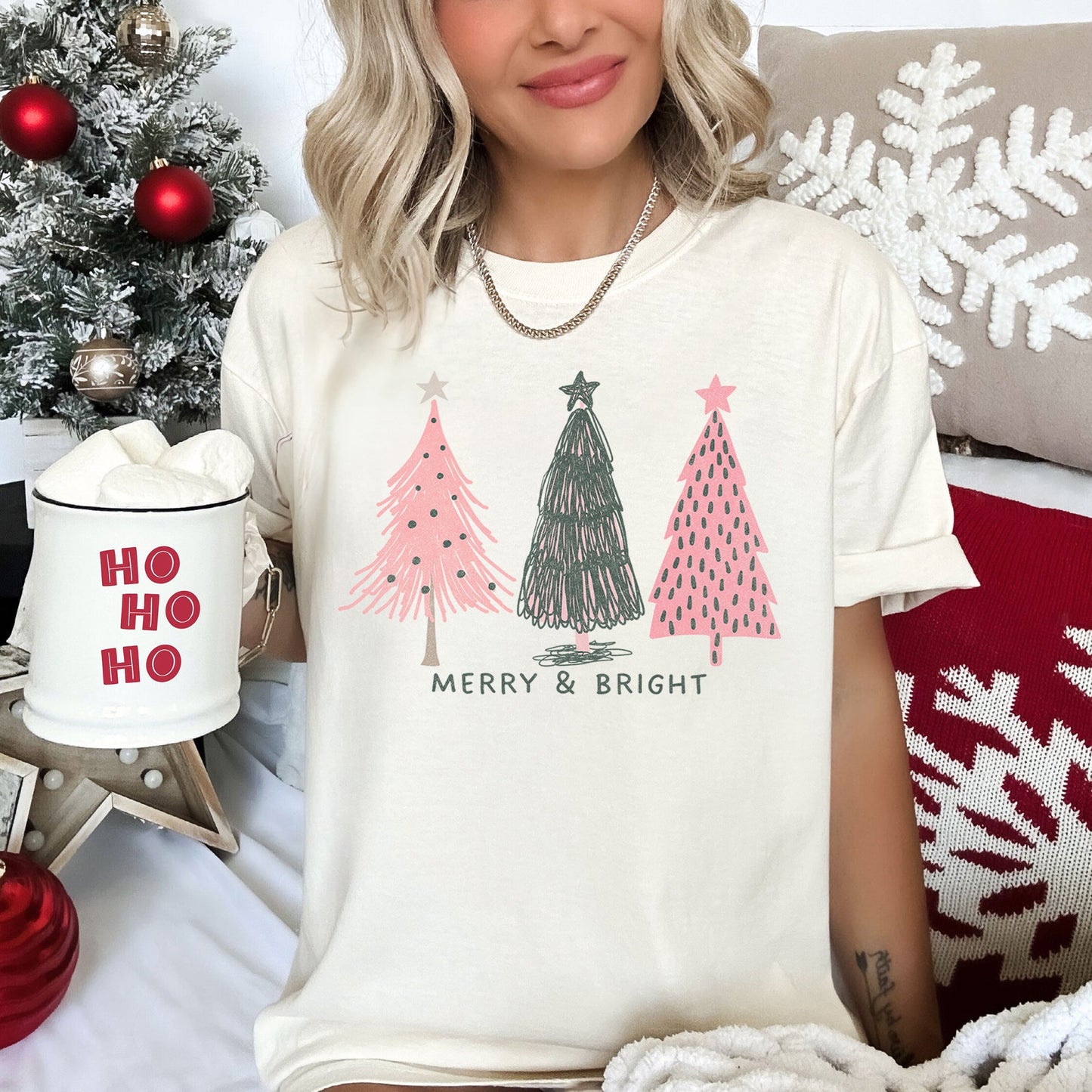 Pastel Christmas Trees, Merry and Bright, Pink and Green, Comfort Colors Tshirt