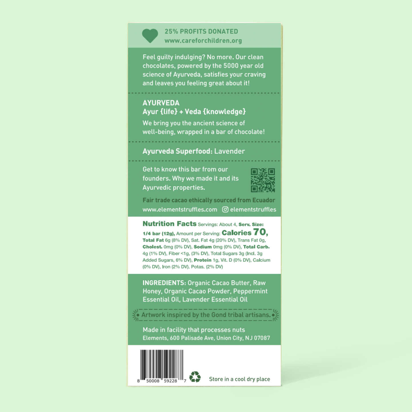 Back of a chocolate bar packaging with green background and text