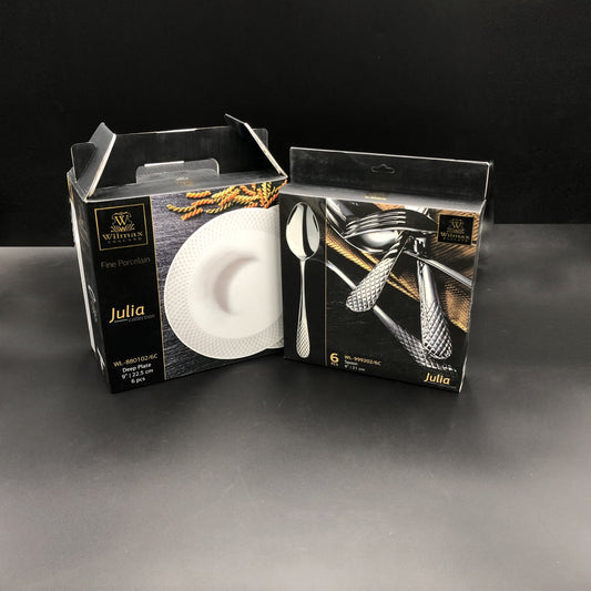 A set of fine porcelain deep plates and stainless steel dinner spoons with herringbone embossed effect, packaged in a black gift box with gold accents.