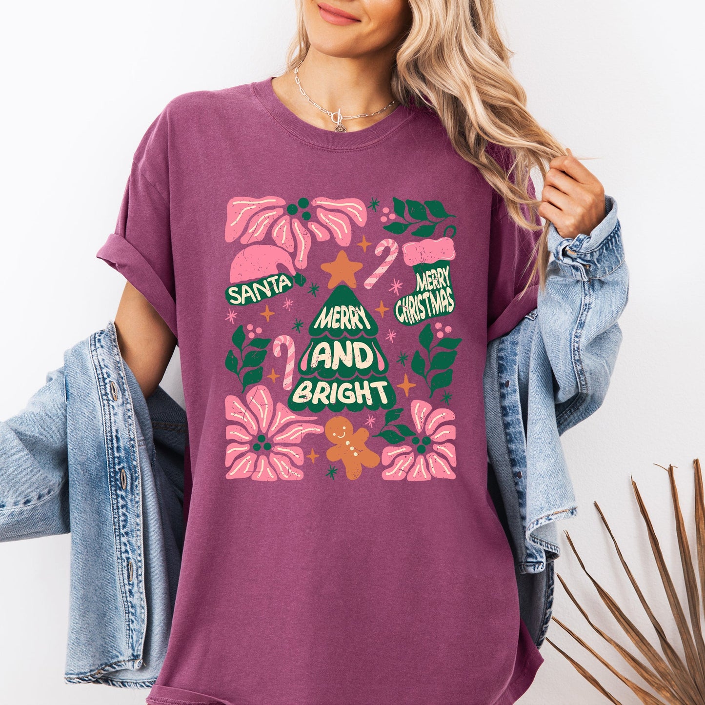 Pink Merry and Bright, Candy Cane, Tree, Merry Christmas, Flowers, Floral Tshirt Comfort Colors T-Shirt