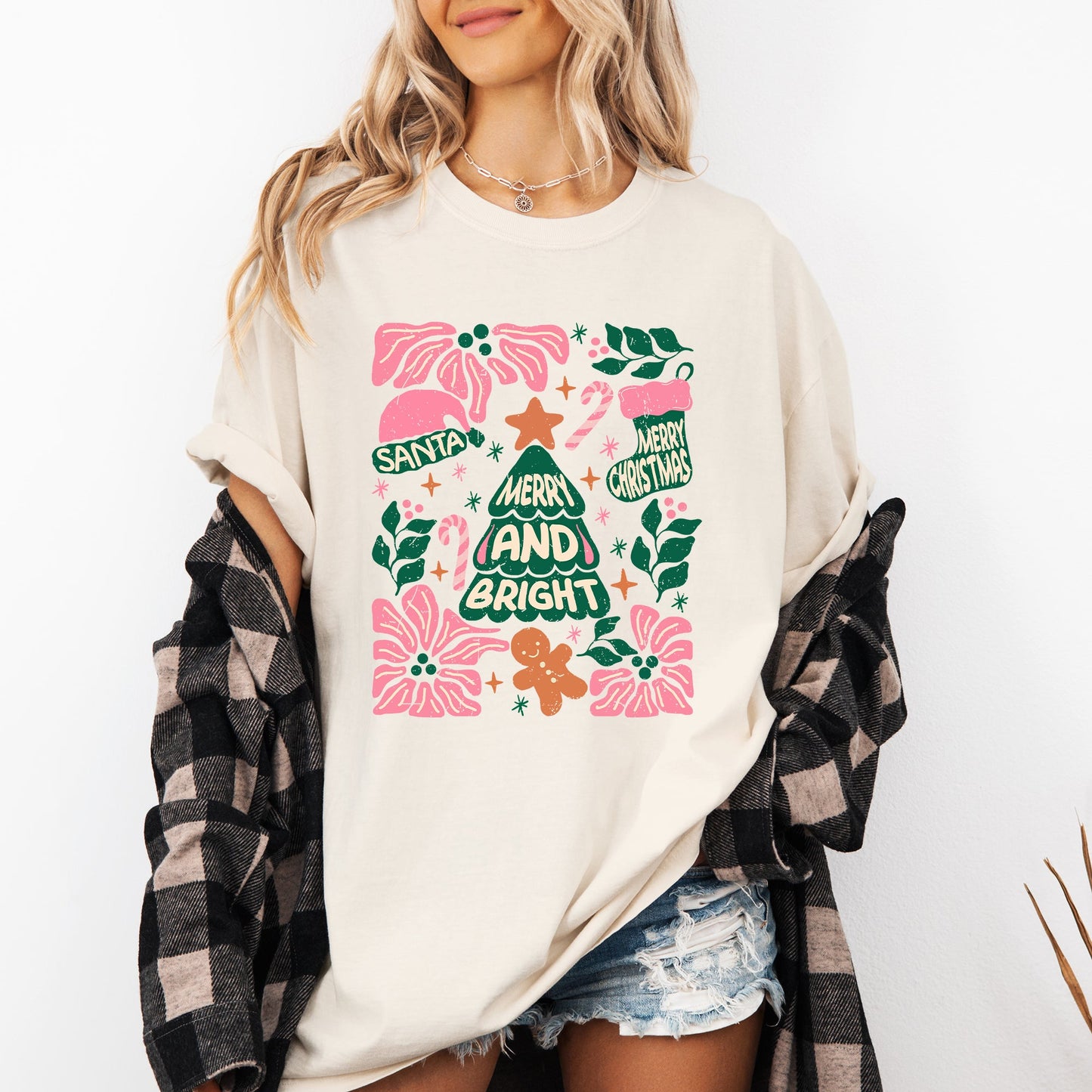 Pink Merry and Bright, Candy Cane, Tree, Merry Christmas, Flowers, Floral Tshirt Comfort Colors T-Shirt