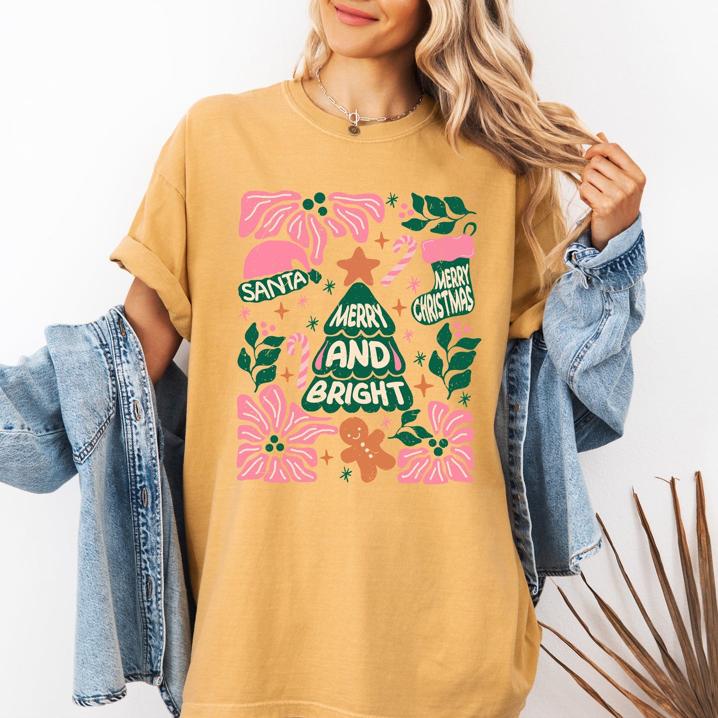 Pink Merry and Bright, Candy Cane, Tree, Merry Christmas, Flowers, Floral Tshirt Comfort Colors T-Shirt