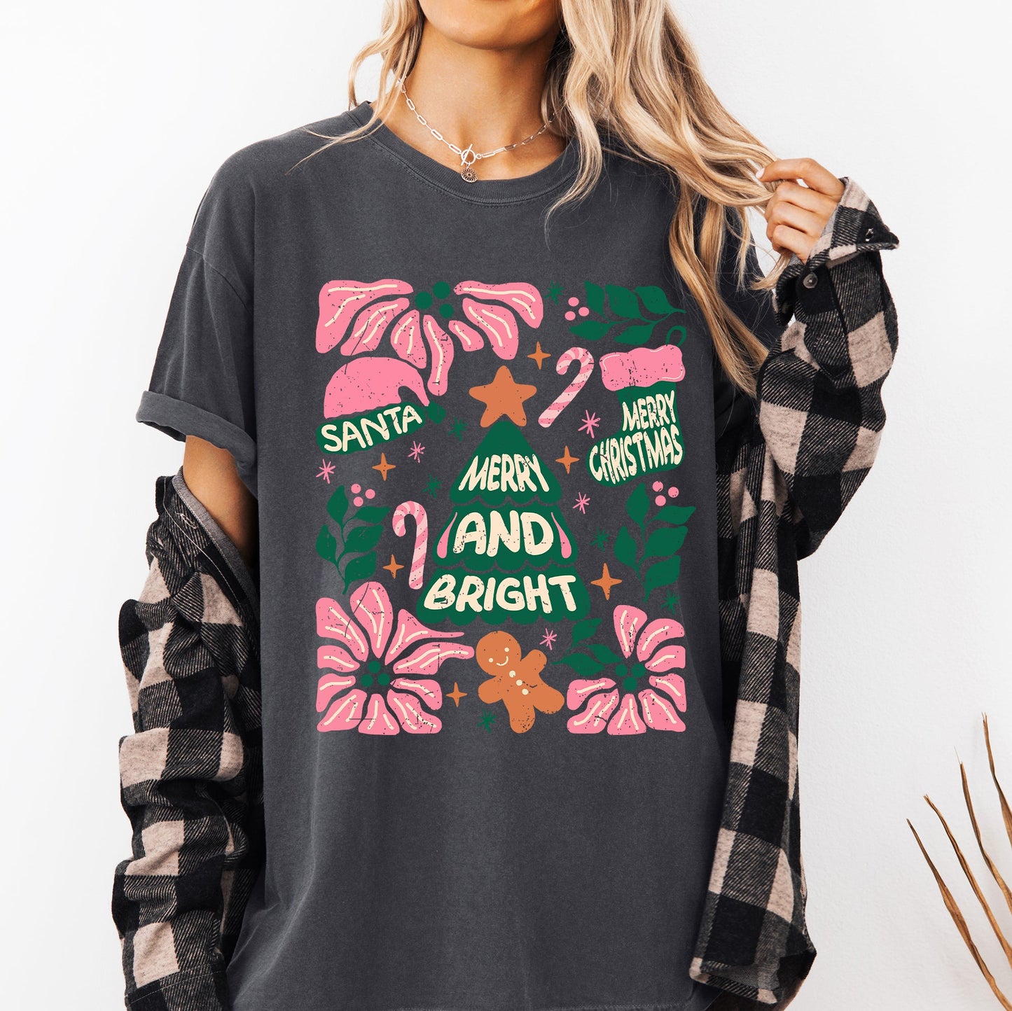 Pink Merry and Bright, Candy Cane, Tree, Merry Christmas, Flowers, Floral Tshirt Comfort Colors T-Shirt