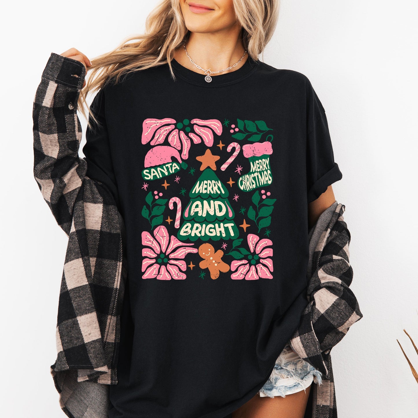 Pink Merry and Bright, Candy Cane, Tree, Merry Christmas, Flowers, Floral Tshirt Comfort Colors T-Shirt