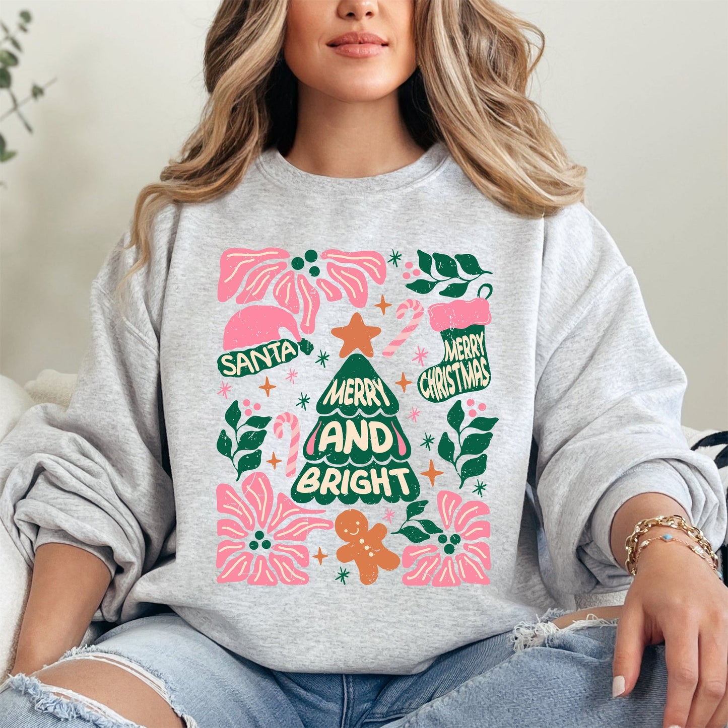 Pink Merry and Bright, Candy Cane, Tree, Merry Christmas, Flowers, Floral Sweatshirt