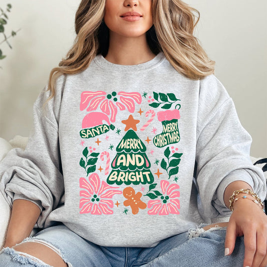 Pink Merry and Bright, Candy Cane, Tree, Merry Christmas, Flowers, Floral Sweatshirt