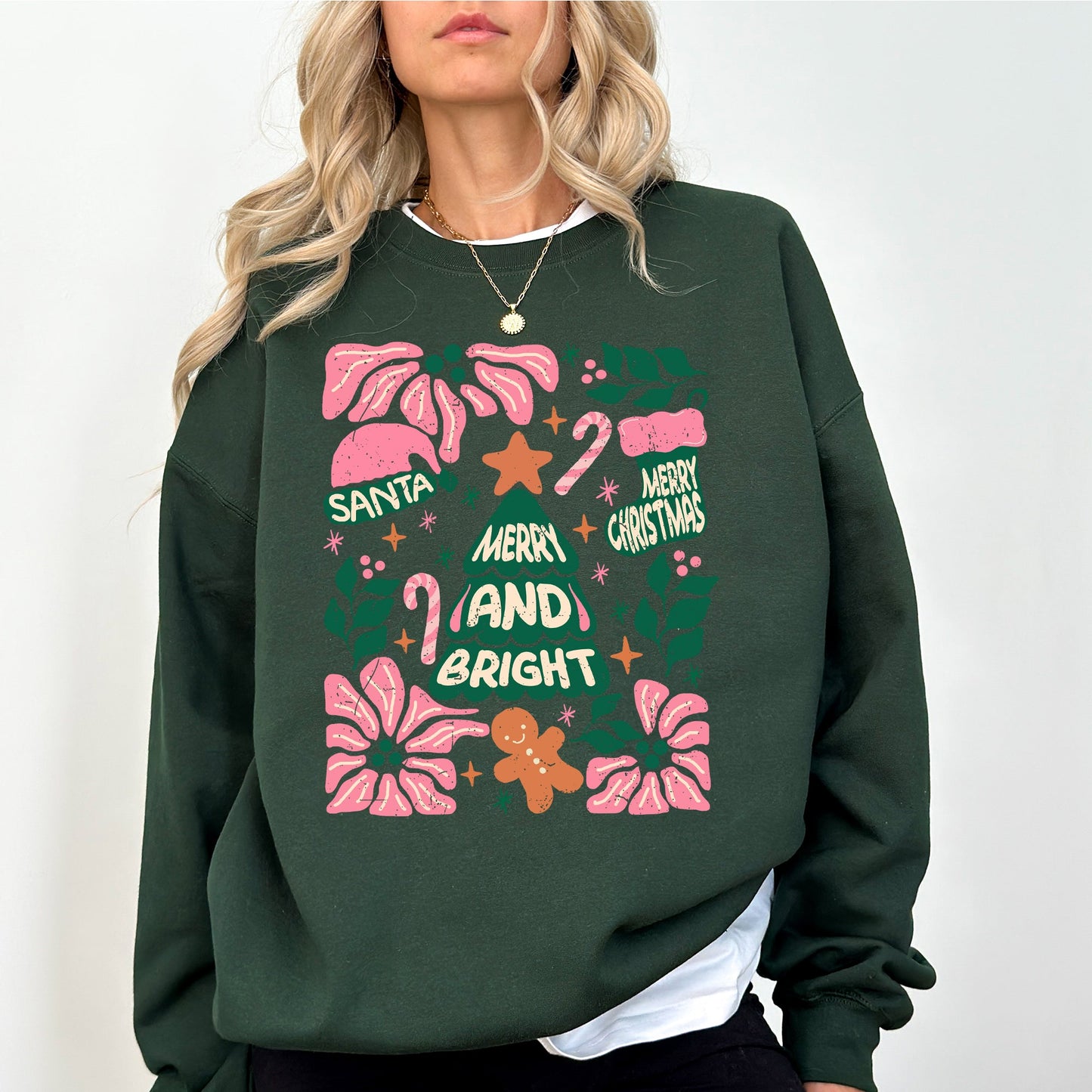 Pink Merry and Bright, Candy Cane, Tree, Merry Christmas, Flowers, Floral Sweatshirt