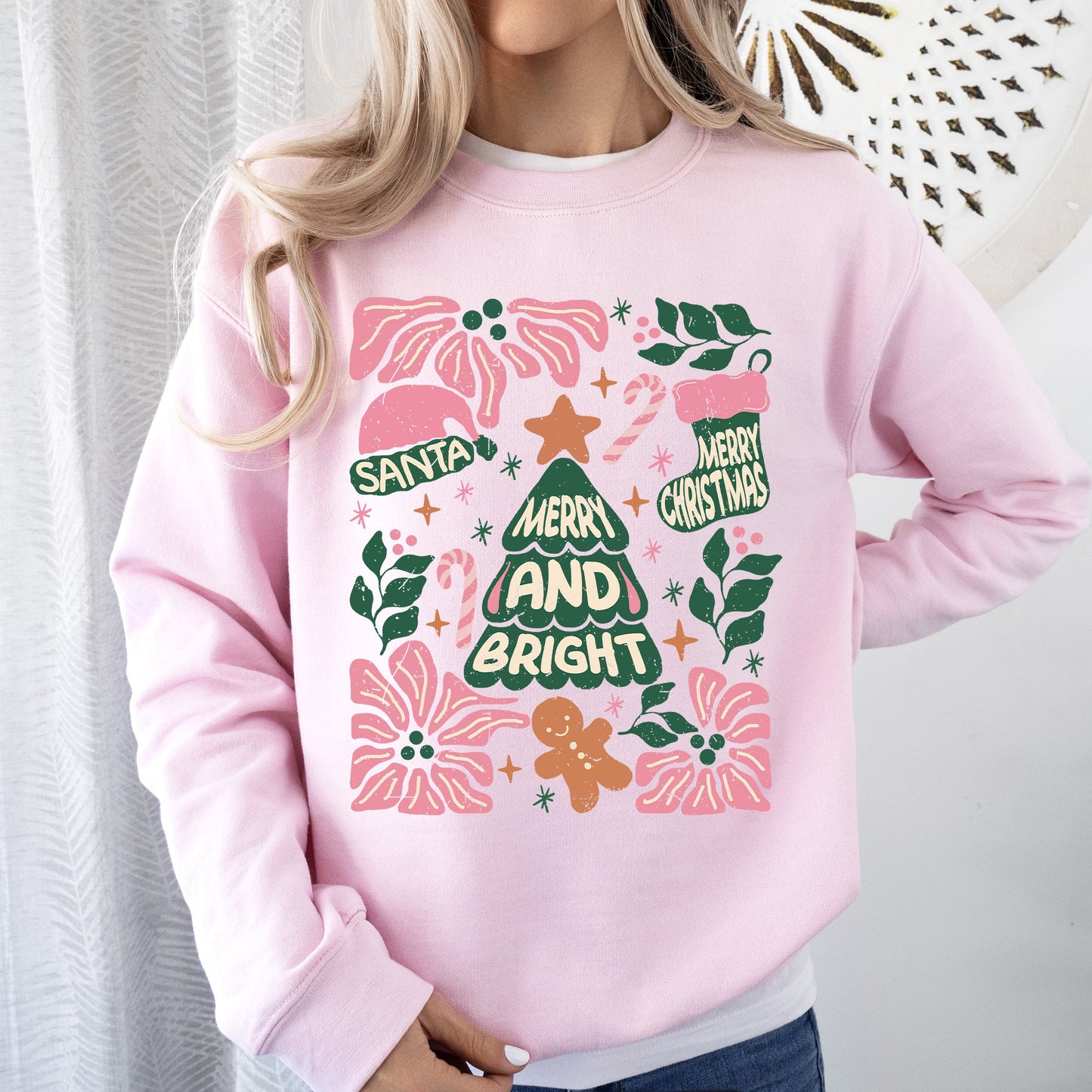 Pink Merry and Bright, Candy Cane, Tree, Merry Christmas, Flowers, Floral Sweatshirt