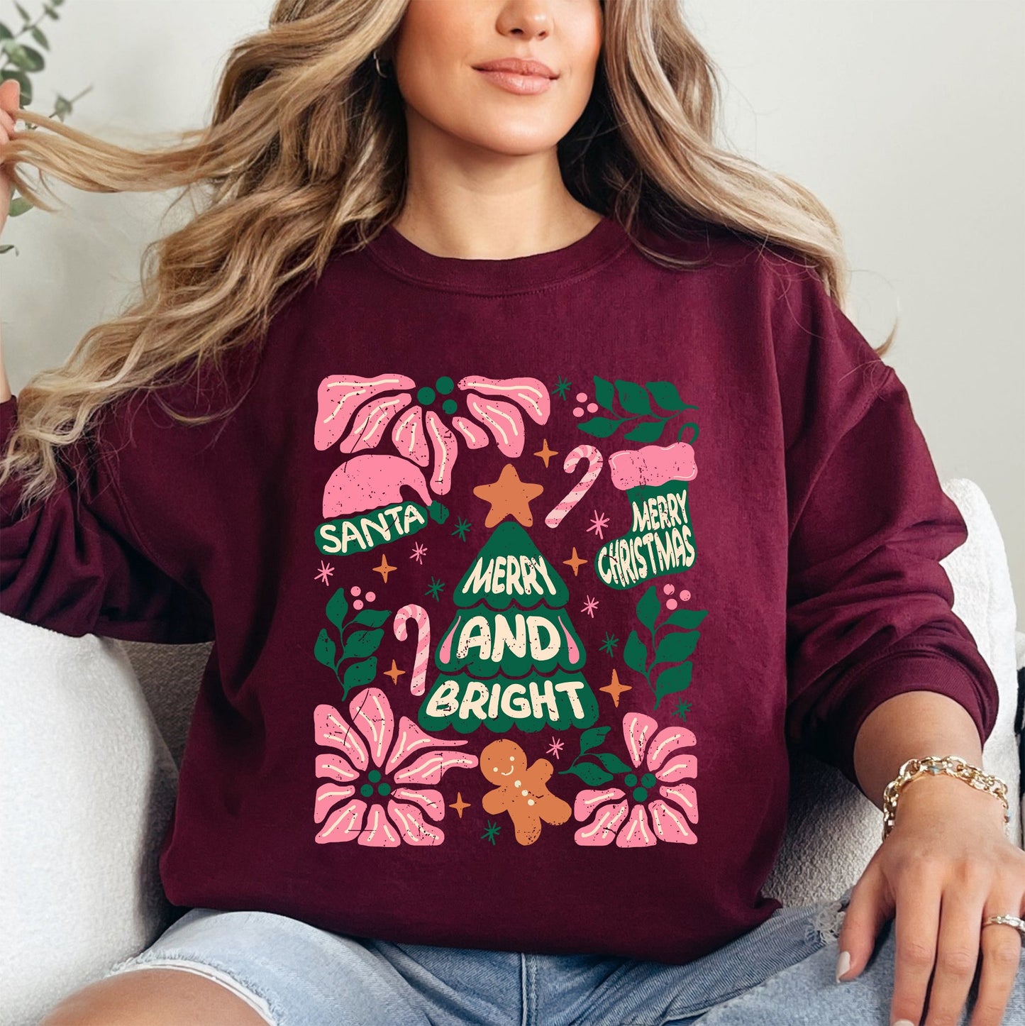Pink Merry and Bright, Candy Cane, Tree, Merry Christmas, Flowers, Floral Sweatshirt