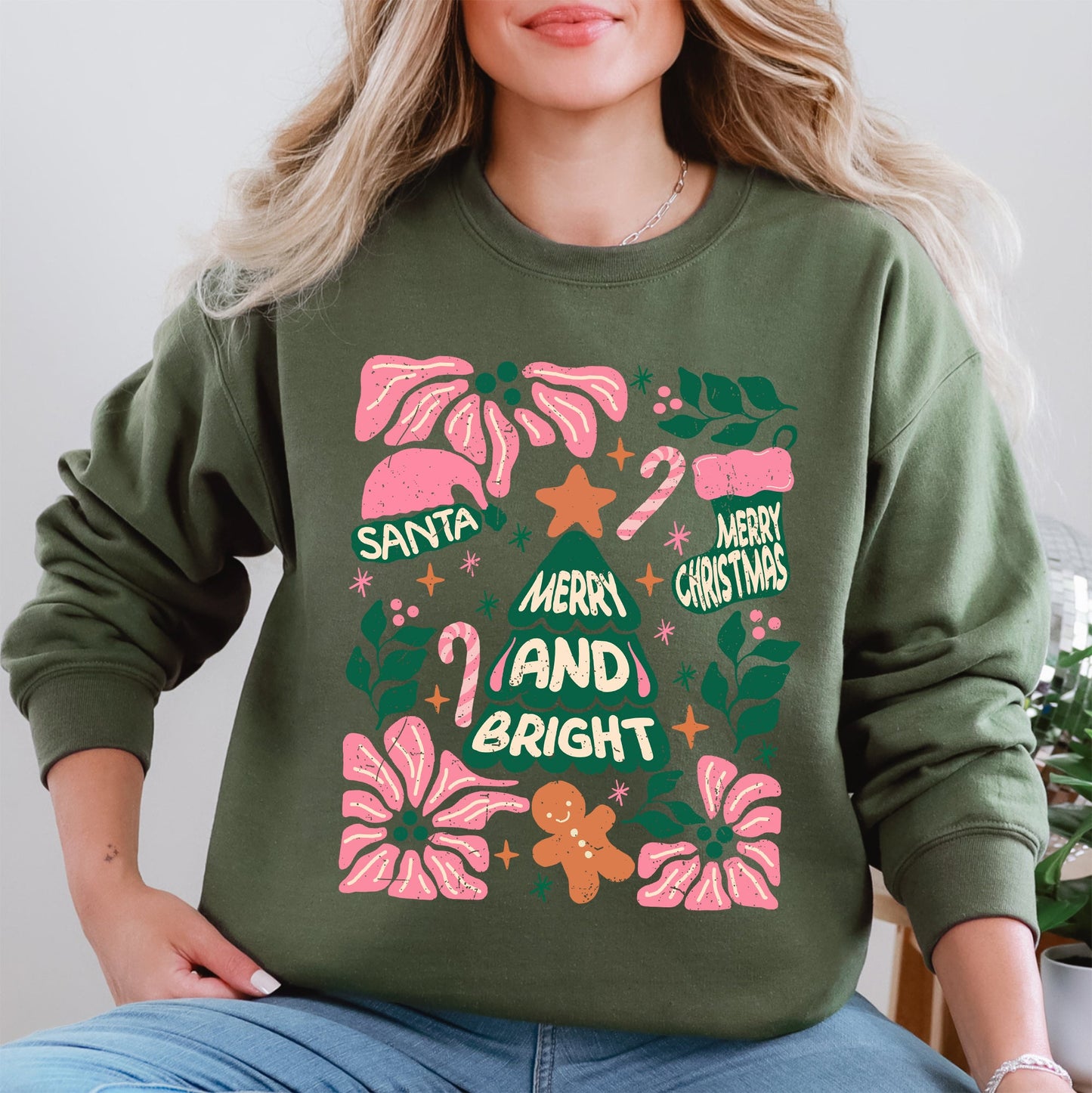Pink Merry and Bright, Candy Cane, Tree, Merry Christmas, Flowers, Floral Sweatshirt