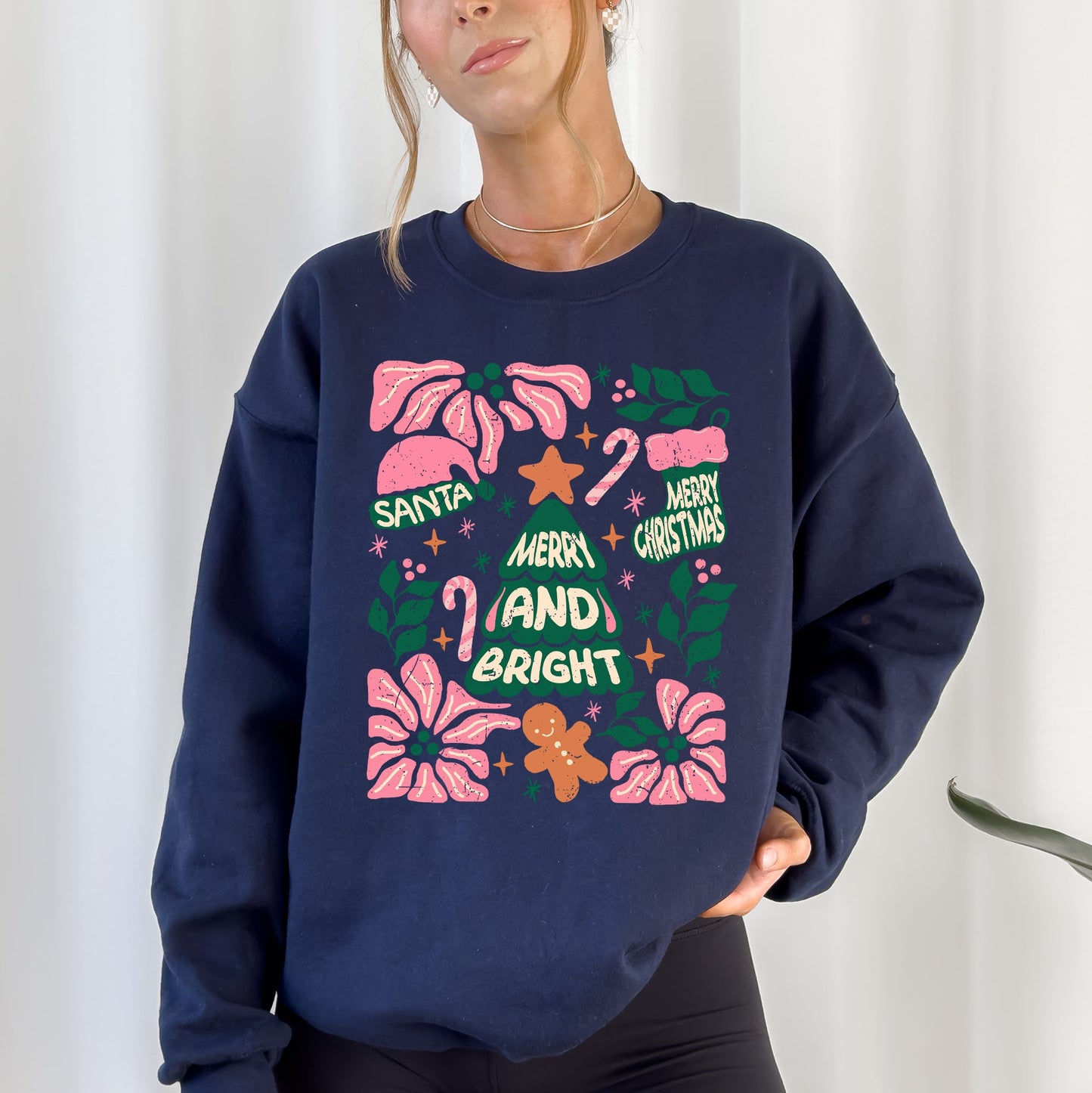 Pink Merry and Bright, Candy Cane, Tree, Merry Christmas, Flowers, Floral Sweatshirt