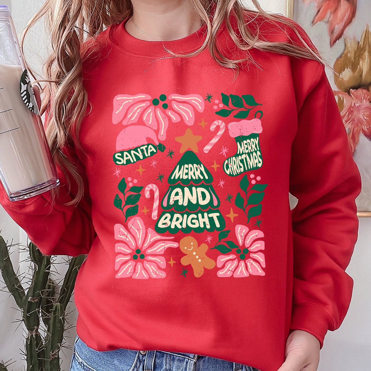 Pink Merry and Bright, Candy Cane, Tree, Merry Christmas, Flowers, Floral Sweatshirt