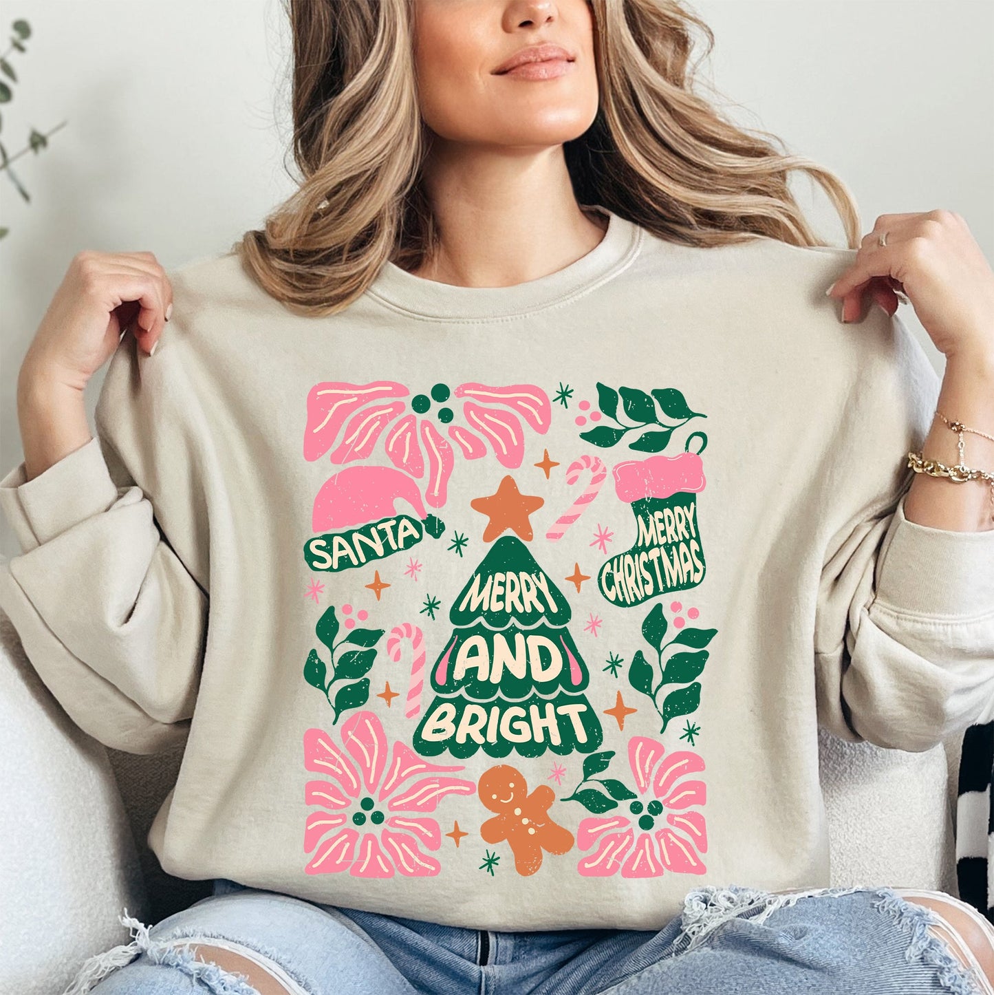 Pink Merry and Bright, Candy Cane, Tree, Merry Christmas, Flowers, Floral Sweatshirt