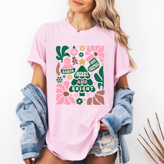 Pink Merry and Bright, Ornament, Tree, Merry Christmas, Flowers, Floral Tshirt Comfort Colors T-Shirt
