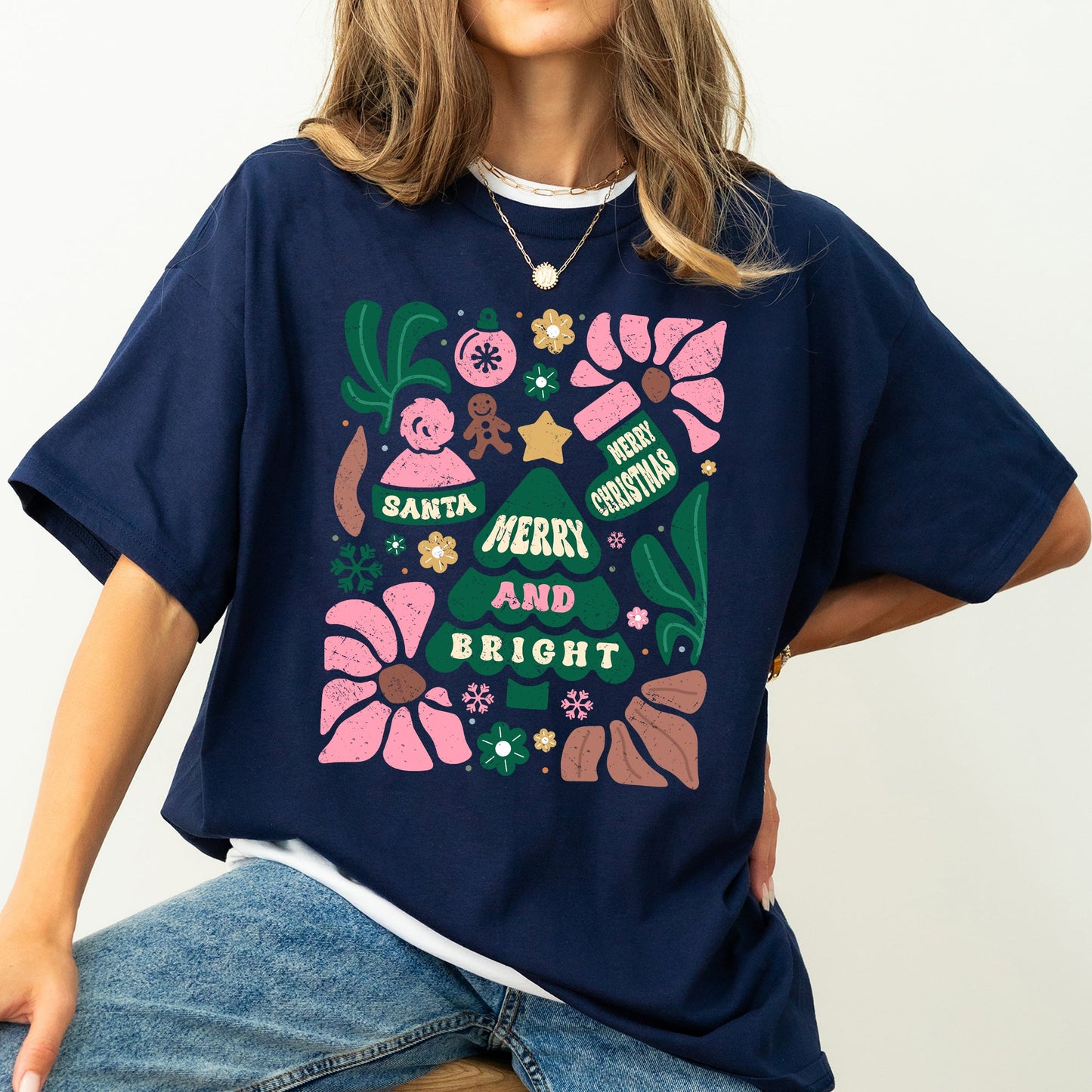 Pink Merry and Bright, Ornament, Tree, Merry Christmas, Flowers, Floral Tshirt Comfort Colors T-Shirt