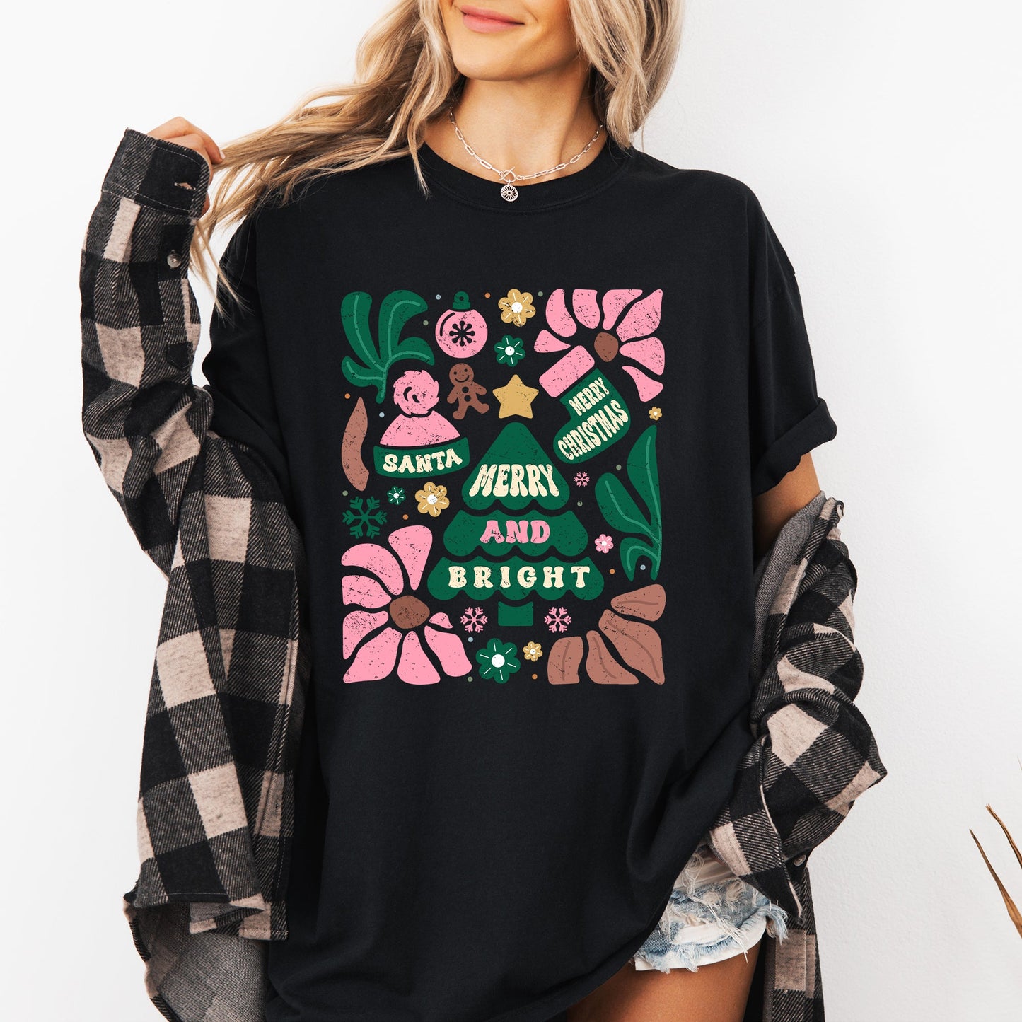 Pink Merry and Bright, Ornament, Tree, Merry Christmas, Flowers, Floral Tshirt Comfort Colors T-Shirt