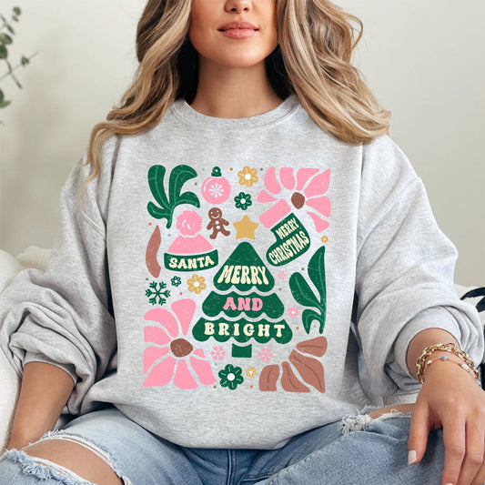 Pink Merry and Bright, Ornament, Tree, Merry Christmas, Flowers, Floral Sweatshirt