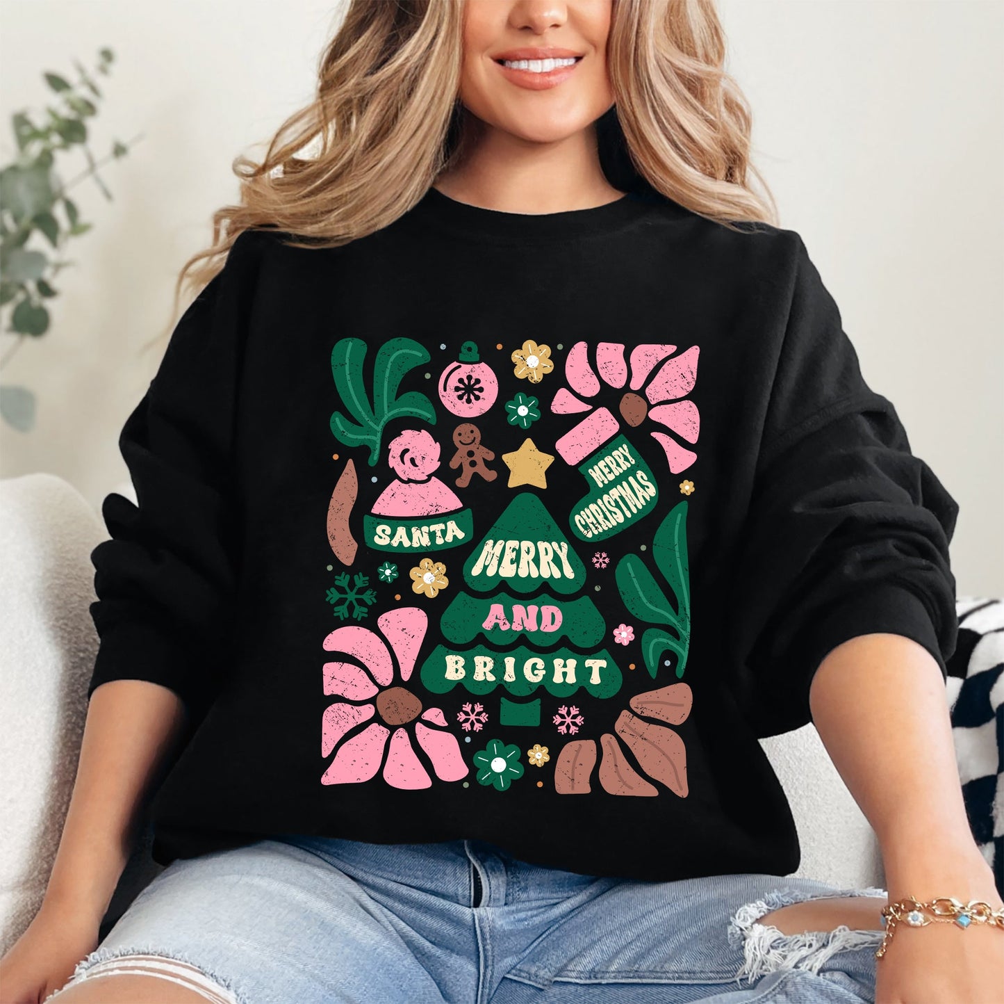Pink Merry and Bright, Ornament, Tree, Merry Christmas, Flowers, Floral Sweatshirt