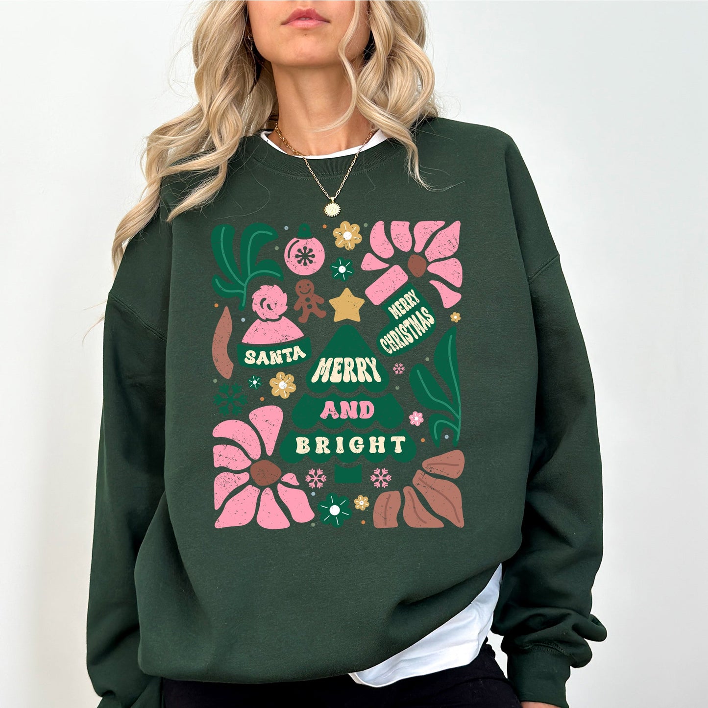 Pink Merry and Bright, Ornament, Tree, Merry Christmas, Flowers, Floral Sweatshirt