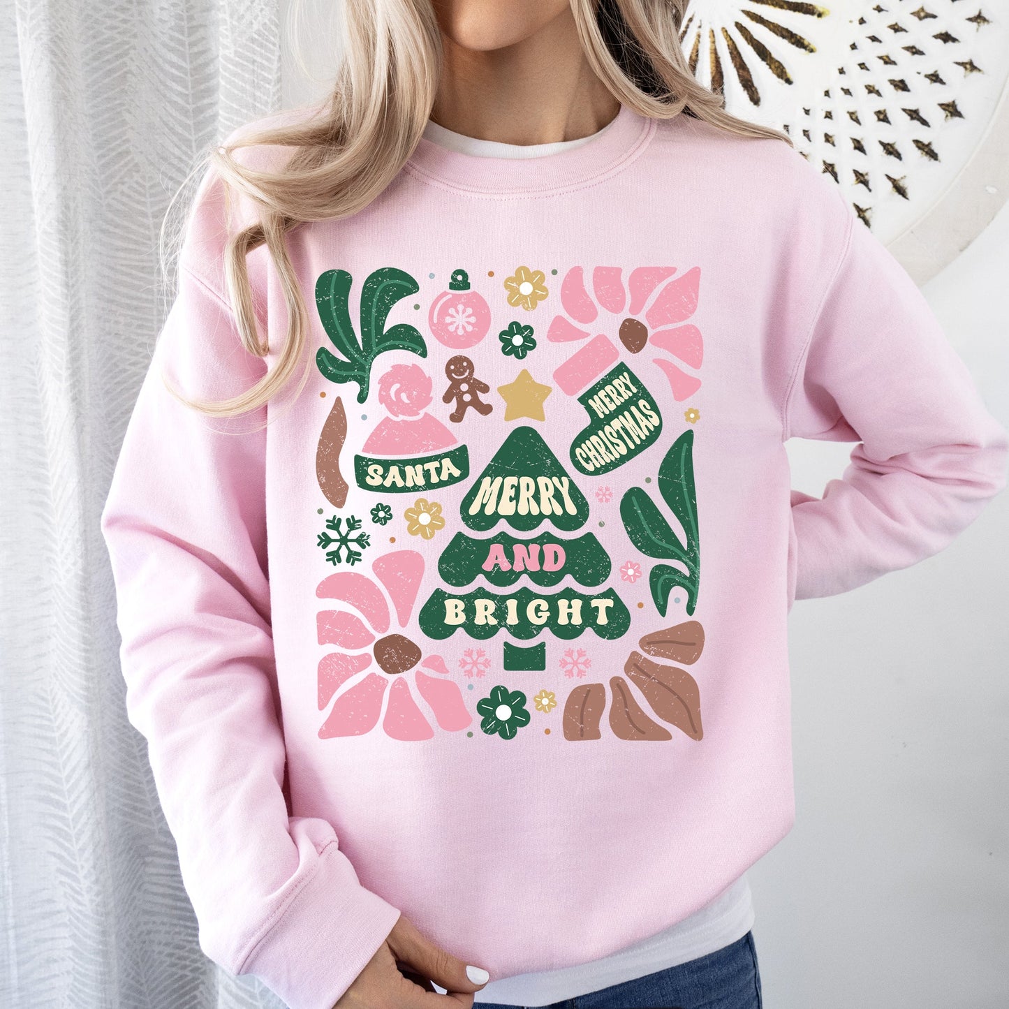 Pink Merry and Bright, Ornament, Tree, Merry Christmas, Flowers, Floral Sweatshirt