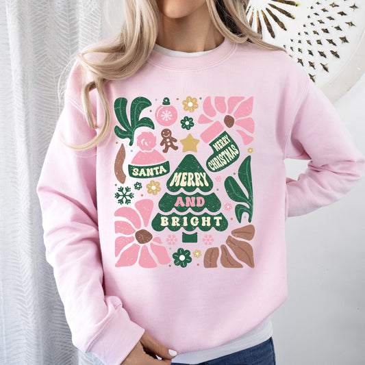 Pink Merry and Bright, Ornament, Tree, Merry Christmas, Flowers, Floral Sweatshirt