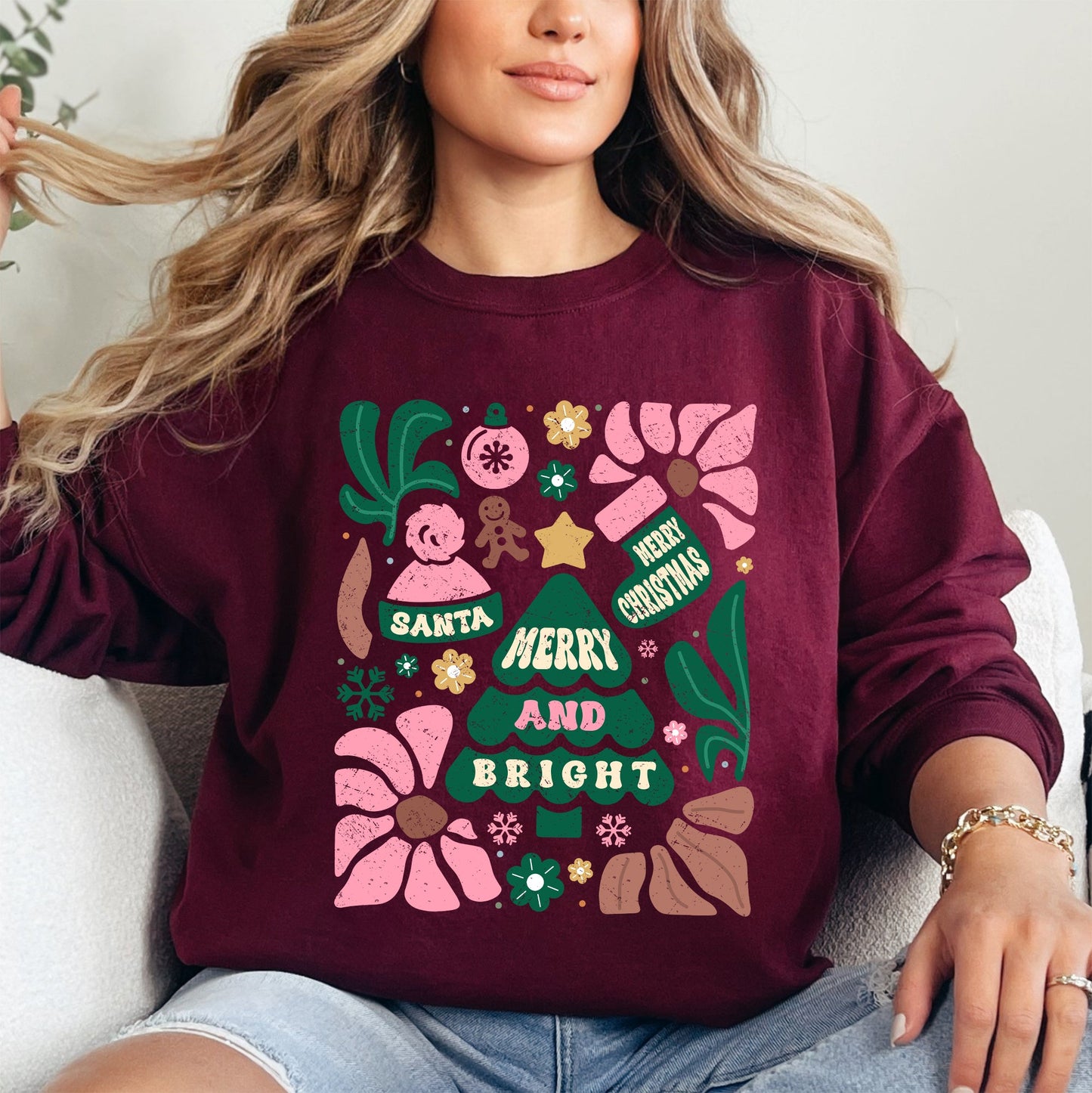 Pink Merry and Bright, Ornament, Tree, Merry Christmas, Flowers, Floral Sweatshirt