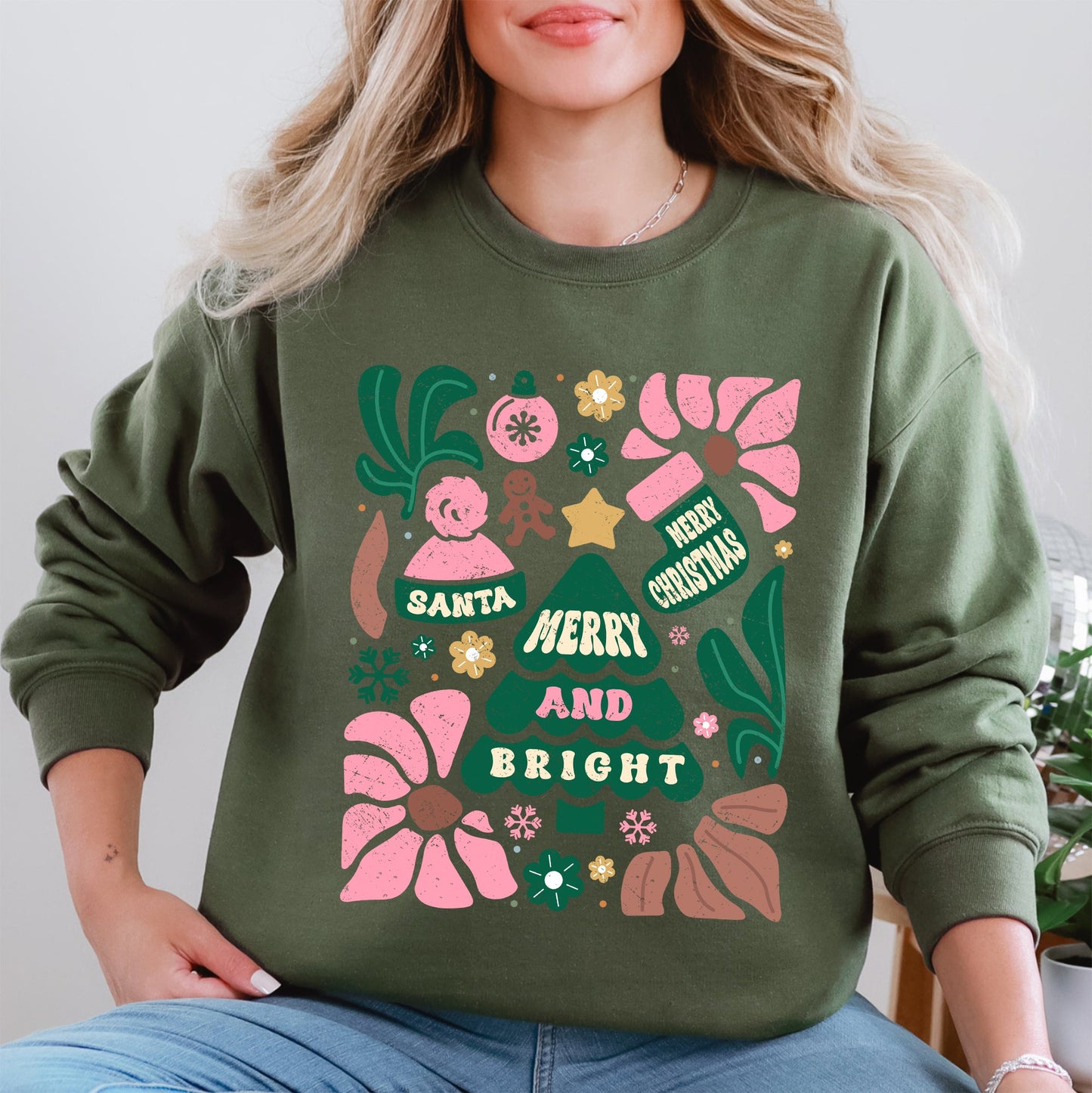 Pink Merry and Bright, Ornament, Tree, Merry Christmas, Flowers, Floral Sweatshirt