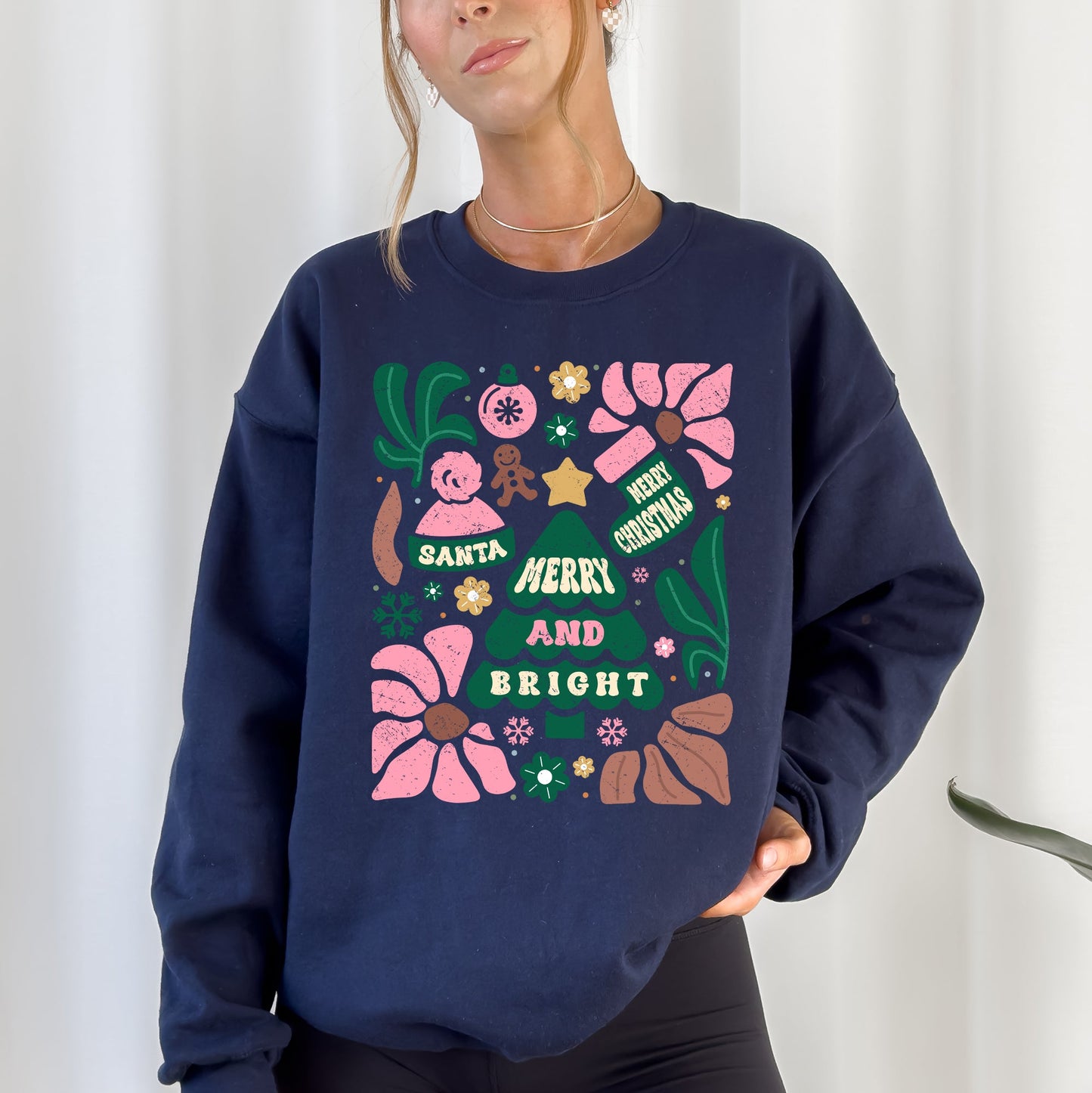 Pink Merry and Bright, Ornament, Tree, Merry Christmas, Flowers, Floral Sweatshirt