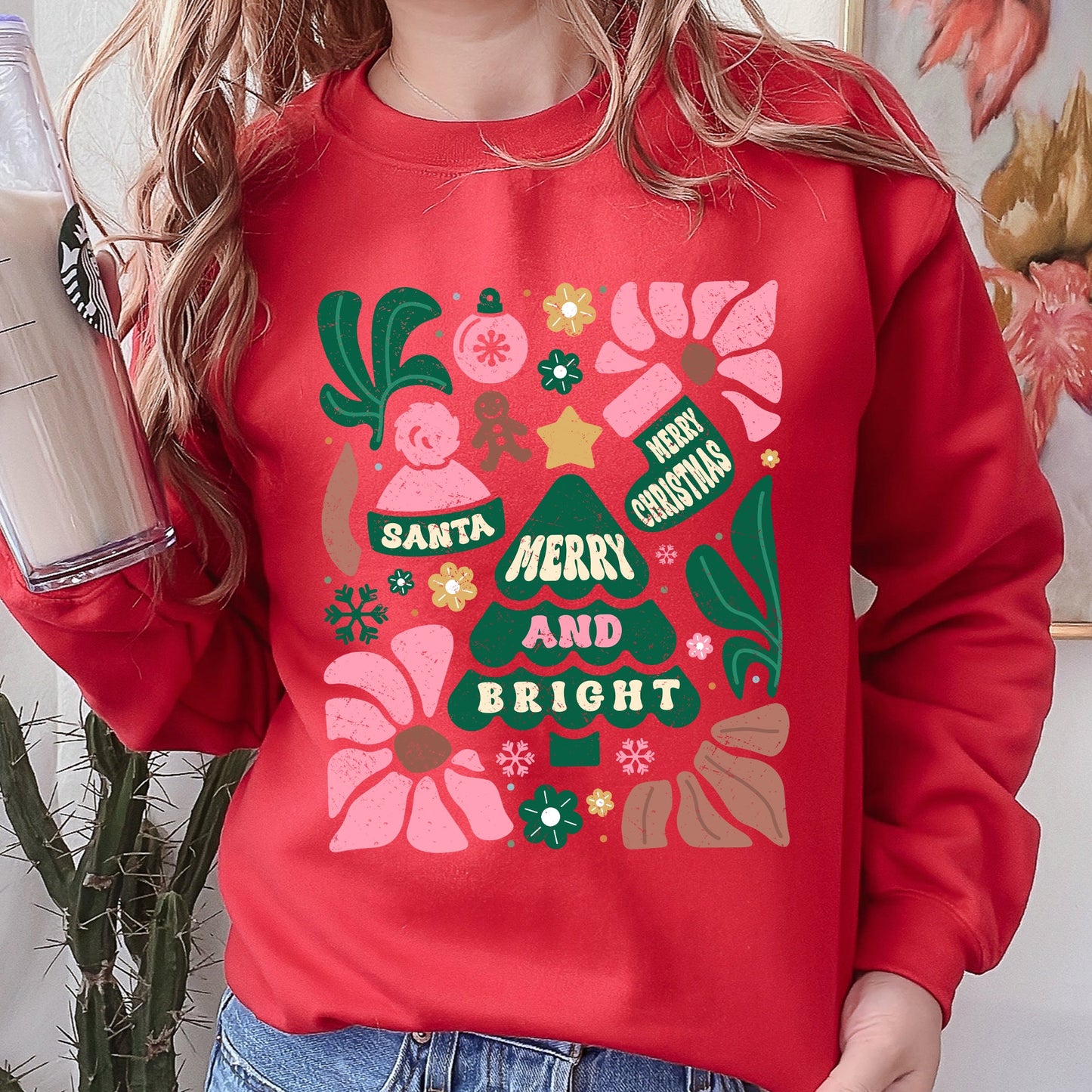 Pink Merry and Bright, Ornament, Tree, Merry Christmas, Flowers, Floral Sweatshirt