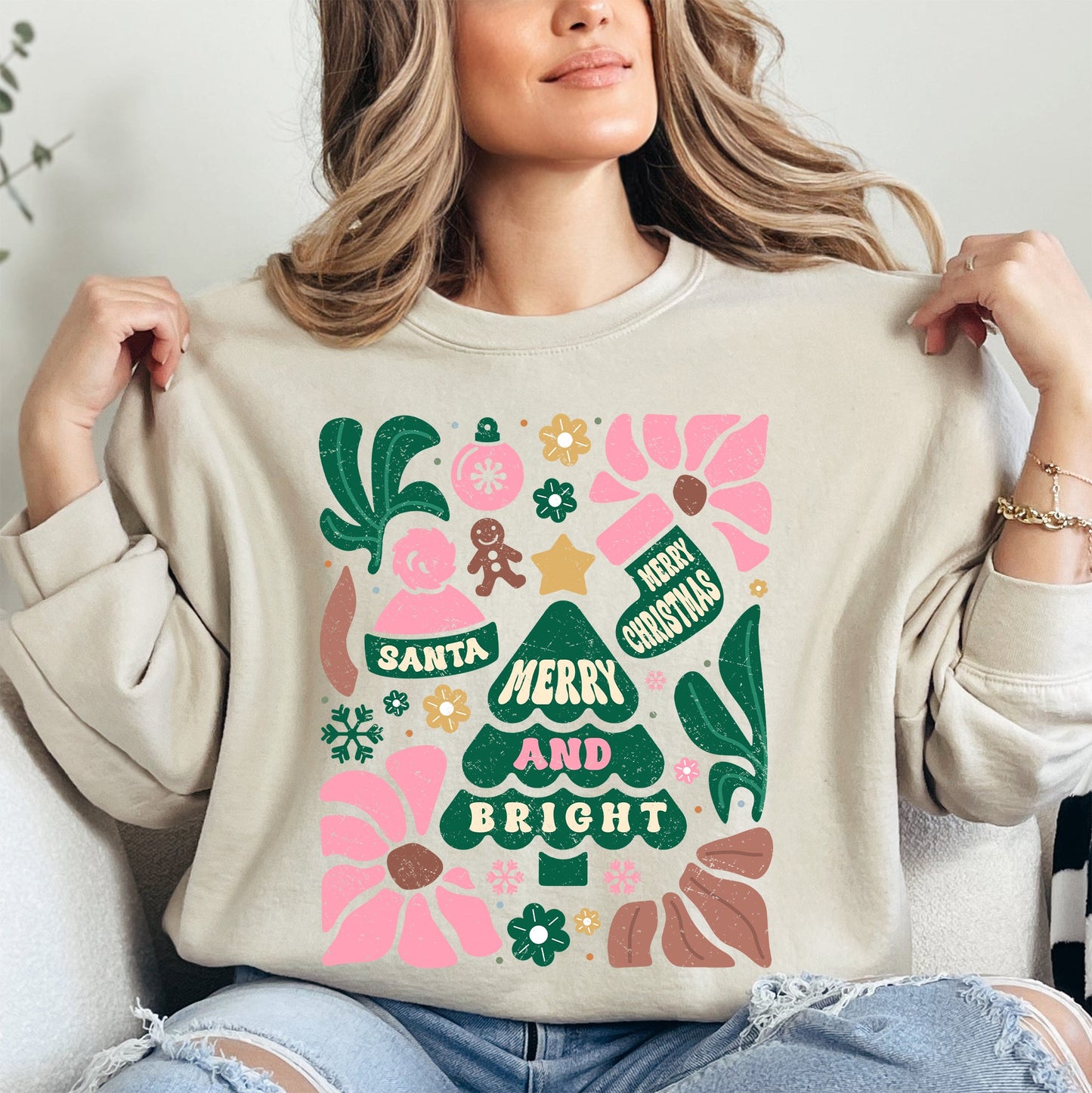 Pink Merry and Bright, Ornament, Tree, Merry Christmas, Flowers, Floral Sweatshirt