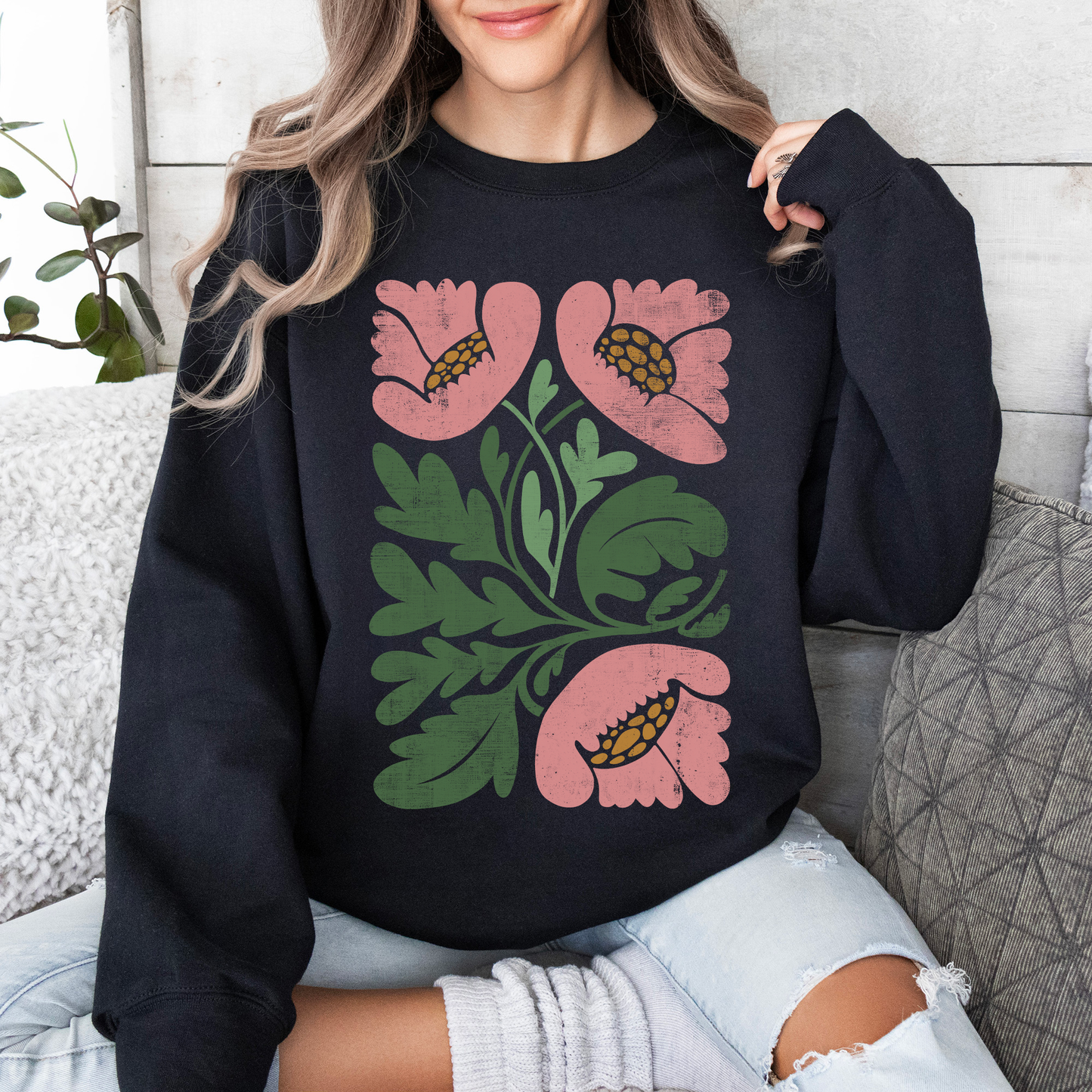 Pink Poppies, Vintage Boho, Nature Sweatshirt