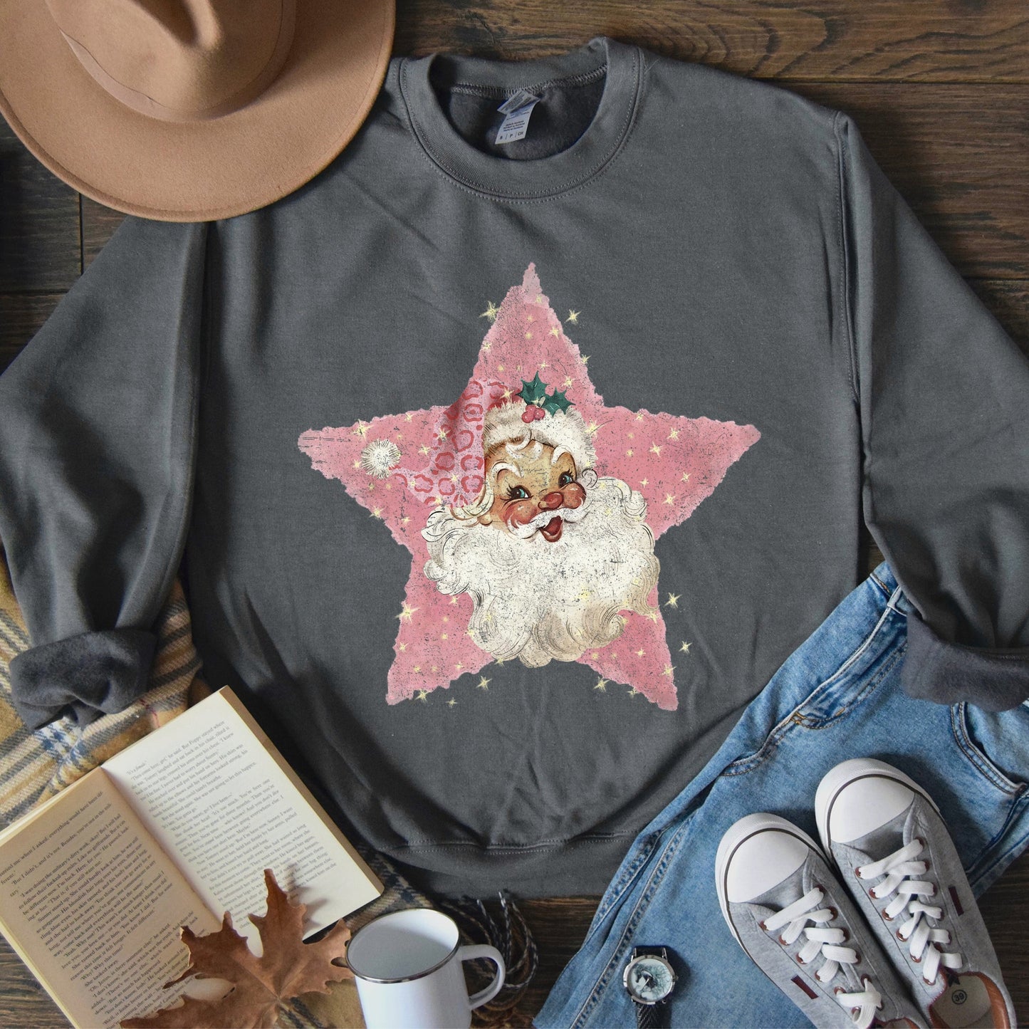 Pink Star Retro Santa, Christmas, Vintage Sweatshirt
