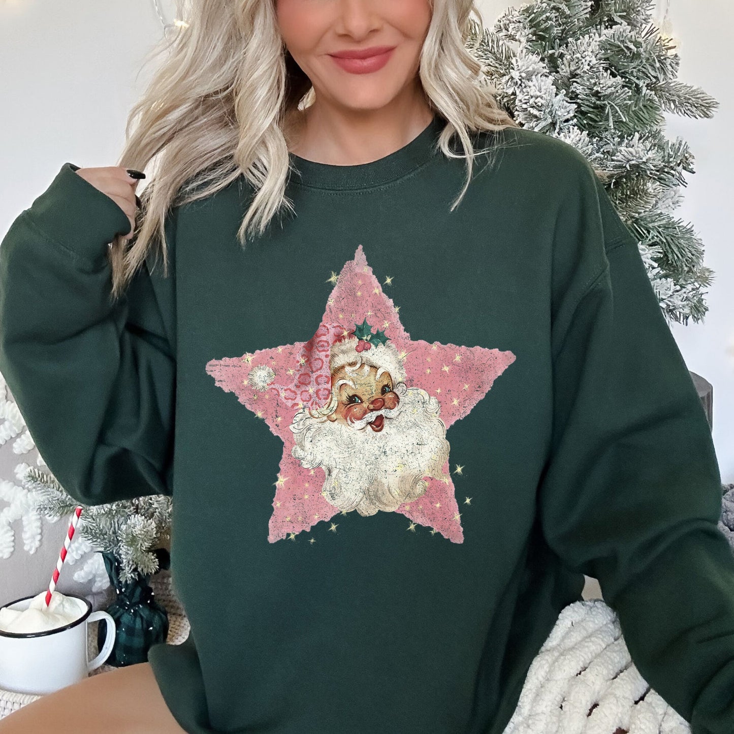Pink Star Retro Santa, Christmas, Vintage Sweatshirt