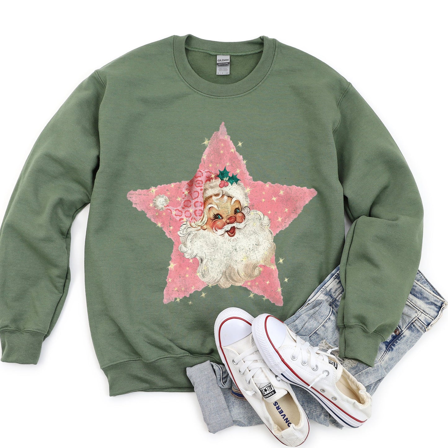 Pink Star Retro Santa, Christmas, Vintage Sweatshirt