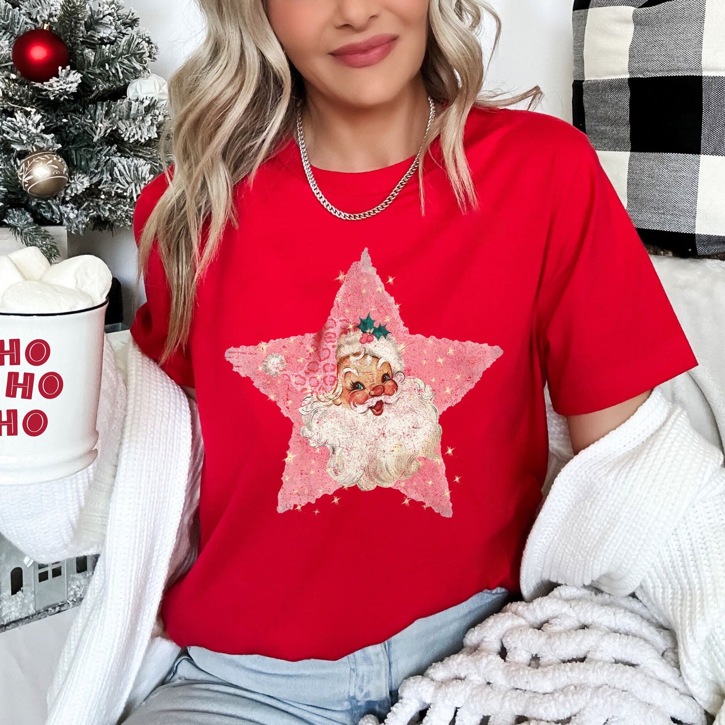 Pink Star Retro Santa, Christmas, Vintage Super Soft Tees