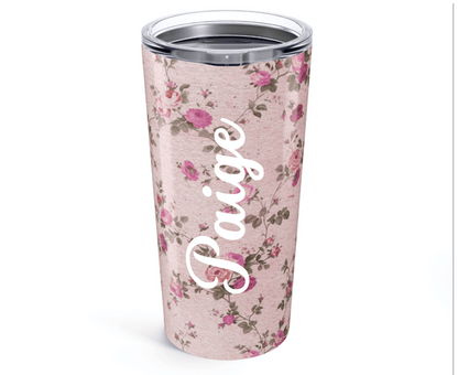 Customizable: Floral Insulated Tumbler - Stylish Travel Mug, Shabby Chic Coffee Cup, Pink Floral Drinkware, Gift for Her, Summer Picnic, Wedding Favor