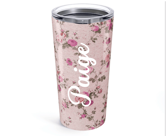 Customizable: Floral Insulated Tumbler - Stylish Travel Mug, Shabby Chic Coffee Cup, Pink Floral Drinkware, Gift for Her, Summer Picnic, Wedding Favor