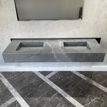 HANDCRAFTED ARMANI GREY HIGH ENGINEERED PORCELAIN DOUBLE SINK (ES-096)