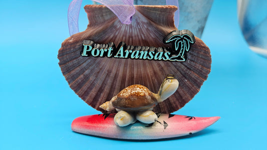 Christmas Ornament & Magnet – Port Aransas Scallop Shell Turtle Surfboard Coastal Holiday Decor 3-4"