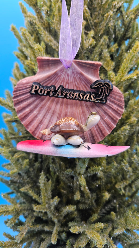 Christmas Ornament & Magnet – Port Aransas Scallop Shell Turtle Surfboard Coastal Holiday Decor 3-4"