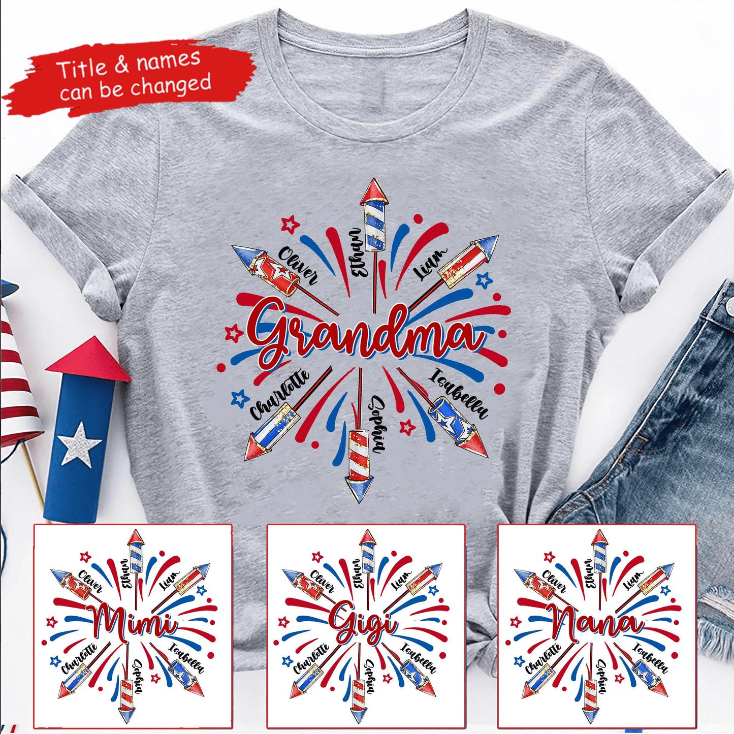 Patriotic 4th of July Grandma With Grandkids Names - Personalized Custom T Shirt - Gift for Grandma/Nana/Mimi, Mom, Wife, Grandparent
